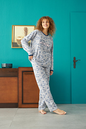 Siyah İnci Fleece Embroidered Lower-Upper Pajama Set