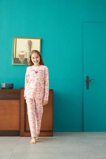 Siyah İnci Alt-Üst Polar Nakışlı Pijama Takım