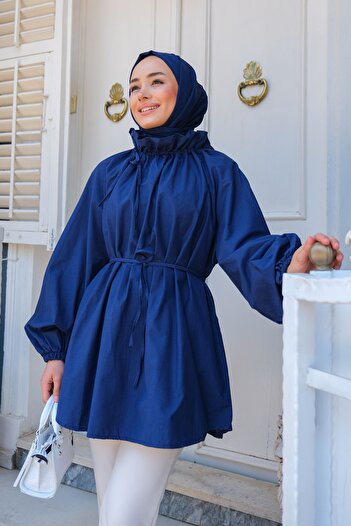 LOCCO Women's Collar Gathered Waist Tied Tunic Navy Blue
