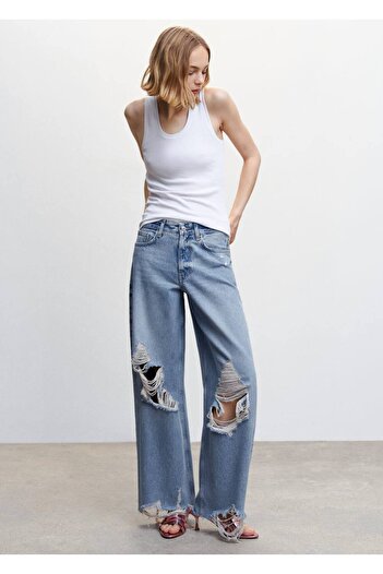 MANGO Woman Decorative Ripped Detailed Wideleg Jeans