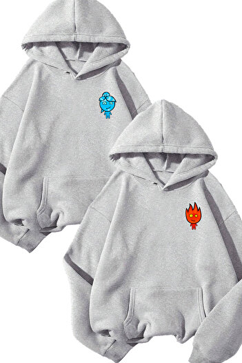 Mythologie 2-Piece Fire And Water Sweatshirt - Gray Printed Oversize Sweatshirt Hooded