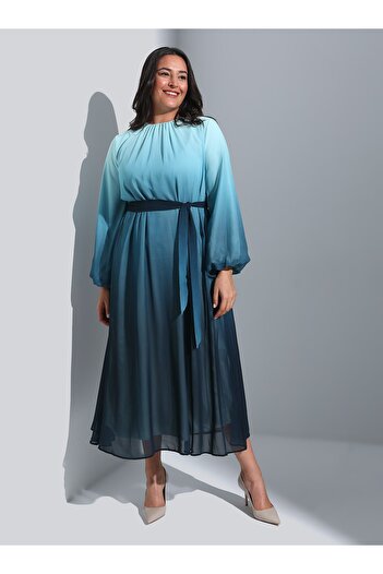 ALİA Gradient Patterned Chiffon Plus Size Evening Dress - Navy Blue-Blue- Alia