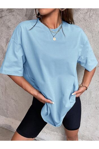 warn Απλό Basic T-Shirt - Baby Blue Oversize Crew Neck Κοντό μανίκι