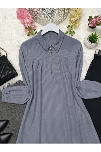 Modamorfo Ringed Half Zipper Seersucker Tunic