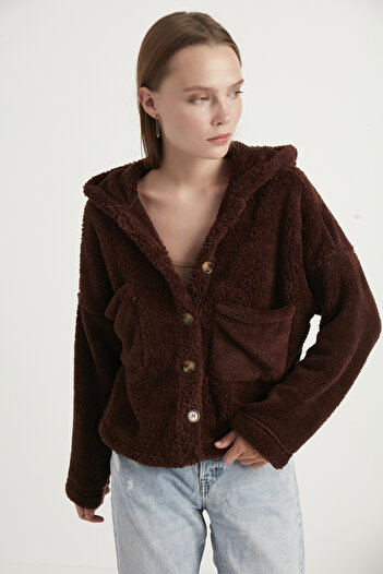 MEECY Women's Brown Double Pocket Hooded Plush Cardigan