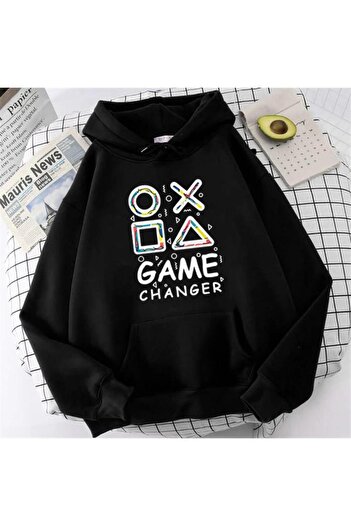Touz Унісекс чорна оверсайз-футболка з капюшоном - принт Küt Küt Game Changer