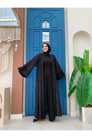 Bym Fashion Lace Abaya Waist Belted Pocket Detailed Jumpsuit Set 3782 Black