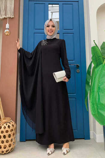 Bym Fashion One Sleeve Chiffon Cape Shoulder Embroidery Detail Evening Dress 3796 Black