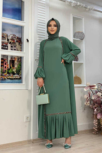 Bym Fashion Stone Detailed Abaya Zero Sleeve Dress Set 3657 Mint