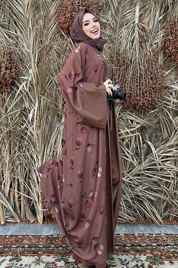Bym Fashion Σετ ολόσωμη φόρμα με μοτίβο Abaya μονόχρωμη τσέπη με ζώνη μηδενικού μανίκι 8312 καφέ