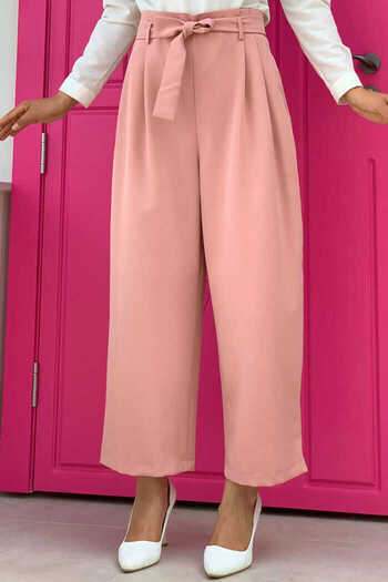 Bym Fashion Plus Size Zippered Waist Lace-up Trousers 0174-1 Powder