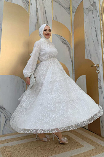 Bym Fashion Dantel Kat Kat Detaylı Kol Manşetleri Lastikli Kuşaklı Astarlı Elbise 3614 Ekru