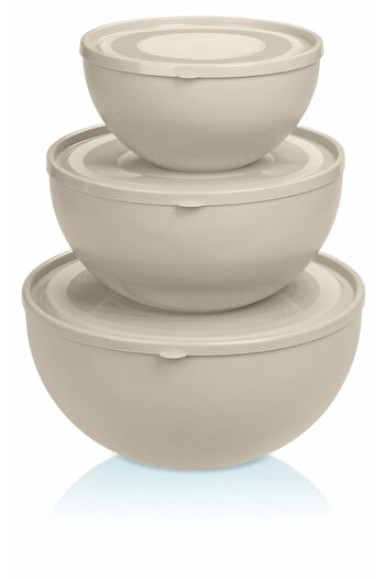 Melkan Home Round Bowl with Lid Set of 3 Cream Color (0.6l + 2.5l + 4l)
