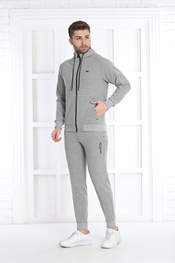 NEED LİFE Erkek Gri Melanj Günlük Waffle Kumaş Kapüşonlu Fermuarlı Slim Fit Alt Üst Eşofman Takımı