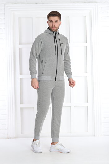 NEED LİFE Erkek Gri Melanj Günlük Waffle Kumaş Kapüşonlu Fermuarlı Slim Fit Alt Üst Eşofman Takımı