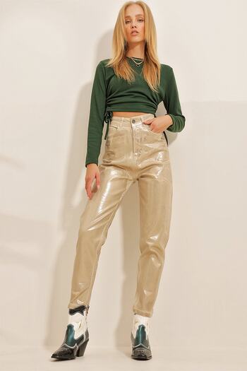 Trend Alaçatı Stili Γυναικείο χρυσό γύψινο παντελόνι Mom Jeans ALC-X10862