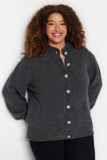Trendyol Curve Strickcardigan - Anthrazit mit Schmucksteinen, geknöpft, TBBAW24AV00019