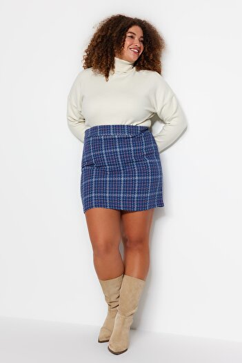 Trendyol Curve Blue Plaid Patterned Skirt TBBAW24AZ00003