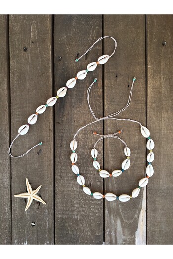 özde dekor Beaded, Sea Shell 3-Piece Jewelry Set (NECKLACE&HALS&BRAcelet) Beige String