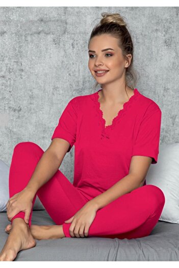 JENİKA Kadın Dantel Detaylı V Yaka Kısa Kol Tayt Pijama Takım