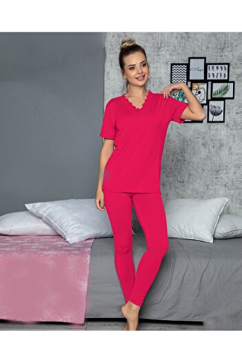 JENİKA Kadın Dantel Detaylı V Yaka Kısa Kol Tayt Pijama Takım