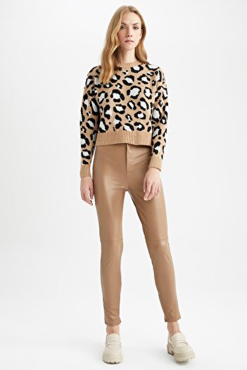 DeFacto Yüksek Bel Suni Deri Paçası Fermuarlı Skinny Fit Pantolon