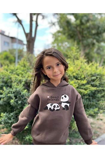 MORNİNG KİDS Кафяв суитшърт Good Friends с качулка за момиче с щампа Panda