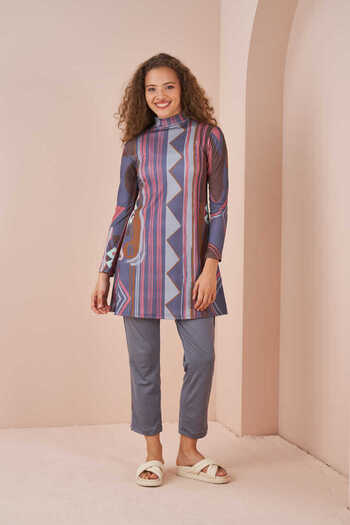 Mevra Maldivian Ethnic Pattern Hijab Swimsuit Set Gray