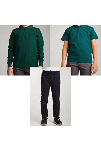 FATELLA Unisex çocuk okul ribana bel pantolon - koyu yeşil kısa kol uzun kol Polo yaka t-shirt Üçlü takım