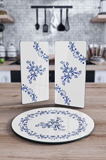 Decovetro Set of 3 Round Glass Plates - White Tile and Flower Pattern