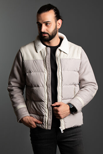ZEKİ ÖZER MEN'S GRAY LEATHER PIECED COLLAR FUR COAT