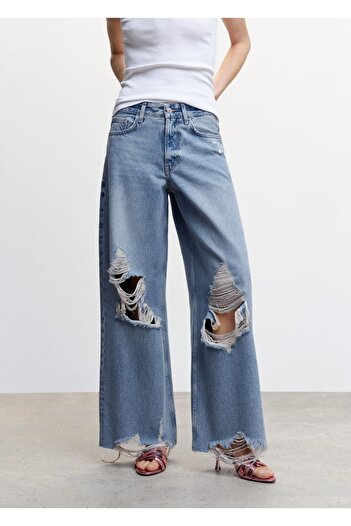 MANGO Woman Decorative Ripped Detailed Wideleg Jeans