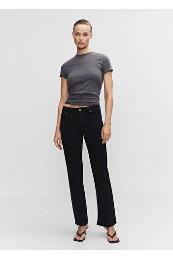 MANGO Woman Mid Waist Ripped Detailed Straight Cut Jeans