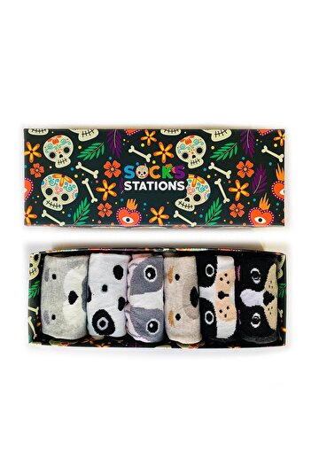 Socks Stations Unisex Black Gray White Animal Patterned Booties Socks Box 6 Pieces
