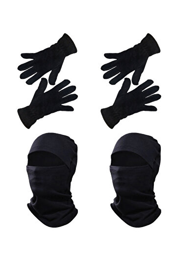 Mrey Men's 4-Piece Black Fleece Winter Thermal Fleece Gloves Snow Mask Biker Helmet Beanie Neck Collar Set Suit