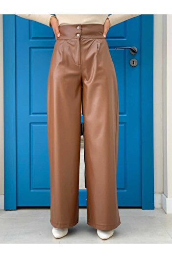 Bym Fashion Zippered Button Detailed Leather Pocket Trousers 0253 Tan