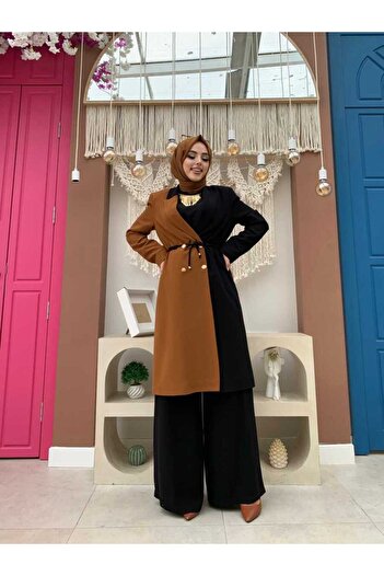 Bym Fashion Two-Color Buttoned Waist Tied Half-Length Jacket 7803 Tan