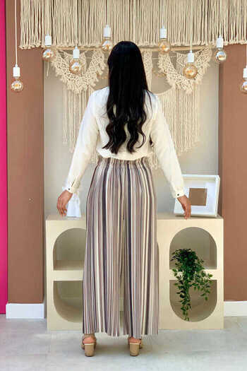 Bym Fashion Colorful Line Patterned Trousers with Elastic Waist 0204 Stone