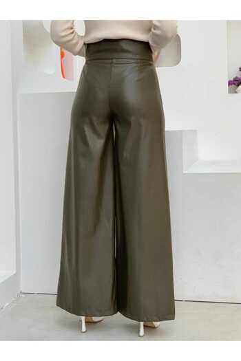 Bym Fashion Zippered Button Detailed Leather Pocket Trousers 0253 Khaki