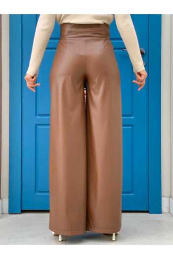 Bym Fashion Zippered Button Detailed Leather Pocket Trousers 0253 Tan