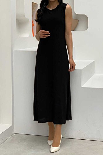 Bym Fashion Μακρύ αμμώδες φόρεμα εσωρούχων με μηδενικά μανίκια 3197 μαύρο