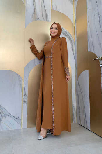 Bym Fashion Stone Embroidery Detailed Vest Dress Set 3838 Tan