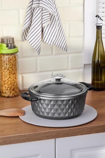 Taç Bella Glass Lid Cast Deep Pot 24 Cm Gray