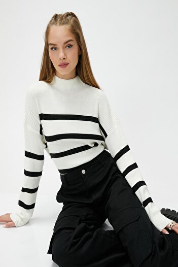 Koton Women's Ecru Striped Sweater