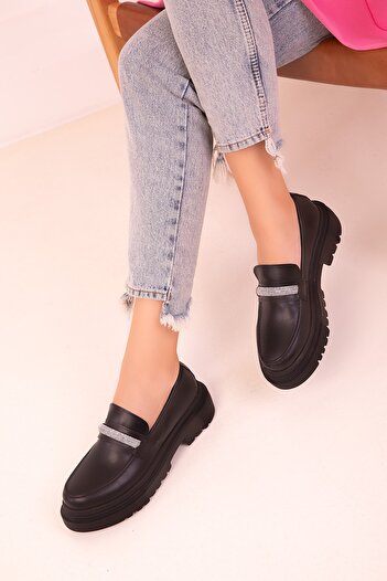 SOHO Black-Silver Women's Loafer Shoes 17481
