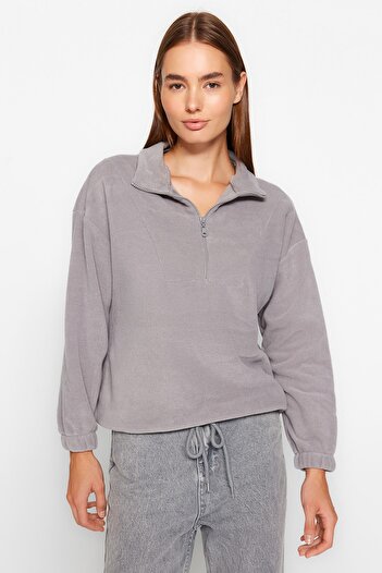 Trendyol Collection Gray Zipper Detailed Knitted Sweatshirt