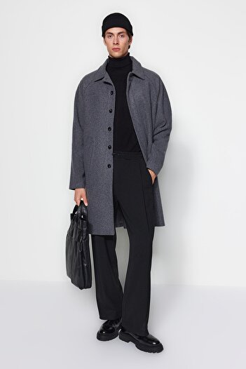 Trendyol Collection Χειμερινό παλτό Unisex μαλλί ανθρακί ανάμεικτο χειμερινό παλτό - κανονική εφαρμογή TMNAW24KB00004