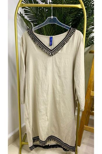 MY SEA P-14 Linen Tasseled Long Sleeve Pareo