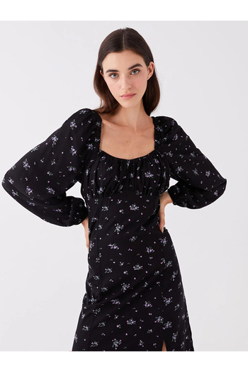 LC Waikiki LCW Casual U Yaka Çiçekli Uzun Kollu Kadın Elbise