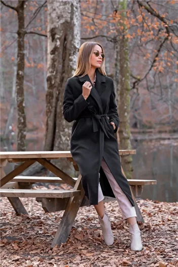Laluvia Black Belted Long Kachet Coat